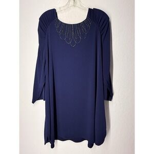 SUSAN GRAVER Artisan Womens 2X Plus Sz  Beaded Tunic Top Ruched Elegant Blue New